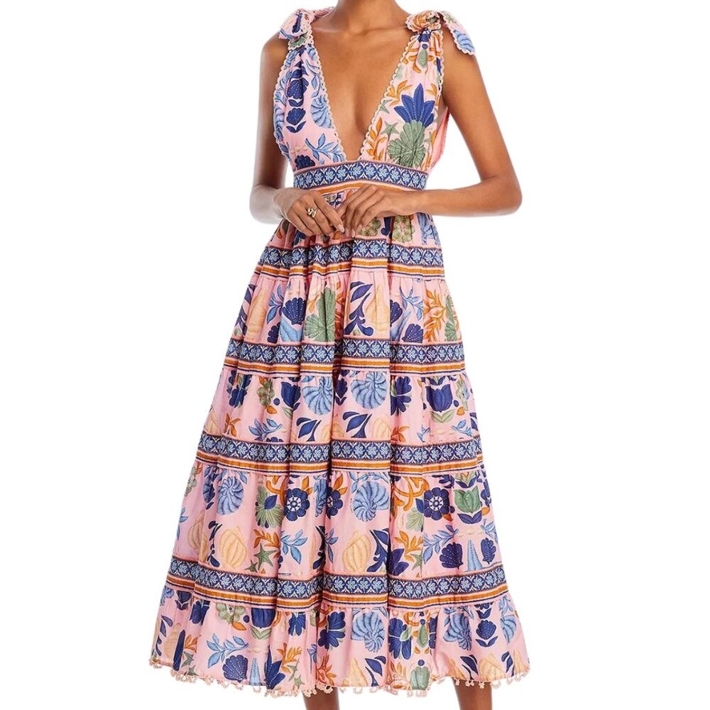 Farm Rio Seashell Tapestry Tiered Midi Dress Size XS